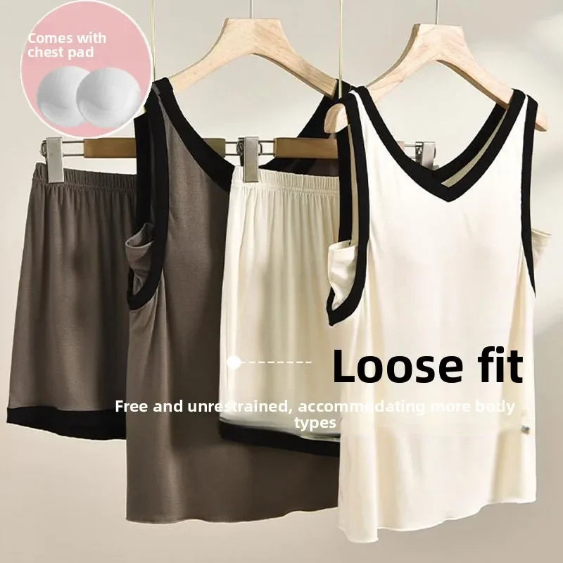 Women Sleeveless Summer Casual 2/pce Set Girls Spaghetti Strap Vest Shorts Outfit Lady Color Blocked Bra Pad Fashion Loungewear