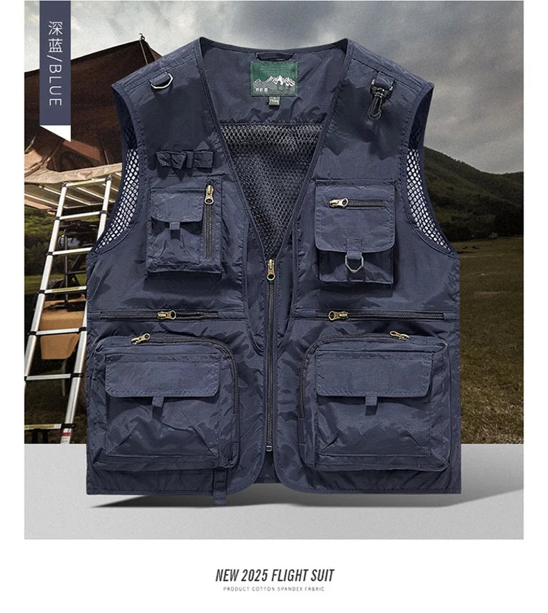 Mesh Men's Fishing Vest Multi Zip Pocket Hiking Waistcoat Male Light Thin Outdoor Sleeveless Jacket Work Summer Travel Plus Size