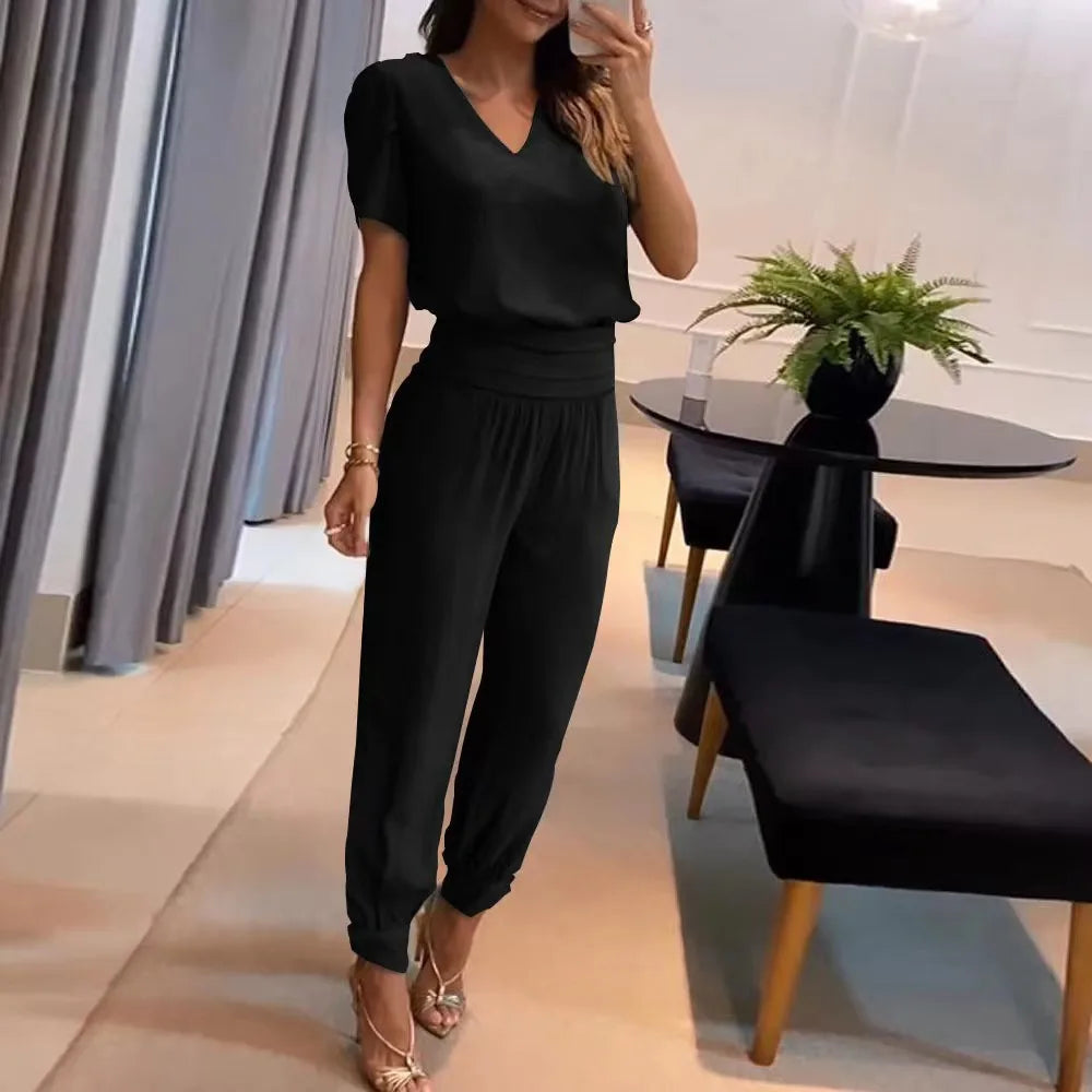 2025 New Long Pant Sets Summer Fashion Casual V-neck Print Short Sleeve Trousers Suit Two-piece Set 2 Piece Sets Women Outfit