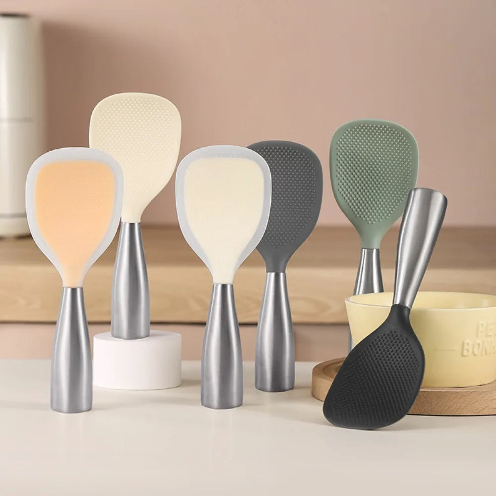 Stainless Steel Handle Silicone Spoon Food Grade Non Stick Non Slip Rice Spoon High Temperature Resistant Kitchen Utensil