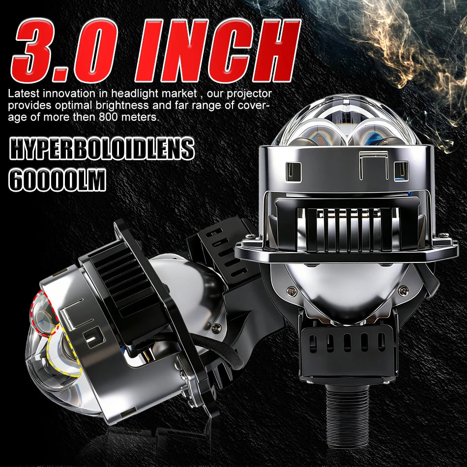 3 Inch 100W 6000K Bi-LED Projector Lenses Dual Hyperboloid Lens For Hella 3R H4 H7 9005/9006 Car Upgrade Retrofit Kits Turbo Fan