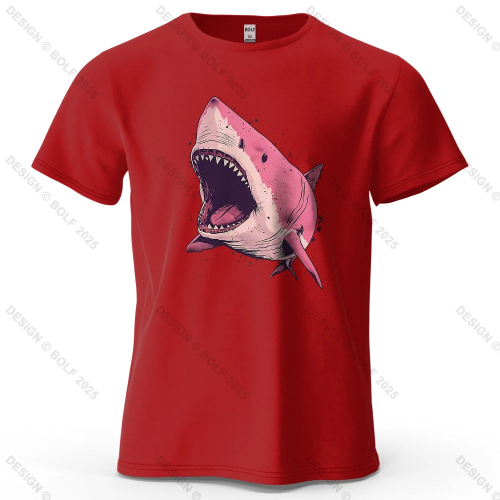 Pink Shark Cartoon Image Printed Men's T-Shirt 100% Cotton Oversized Marine Life Graphic Tees for Women Tops Tees Streetwear
