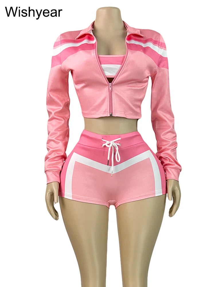 Sexy Beach Bikini Suits Woman Fashion Stripe Print Patchwork Full Sleeve Jacket+Crop Tops+ Shorts 3 Piece Set Vacation Hot Girls