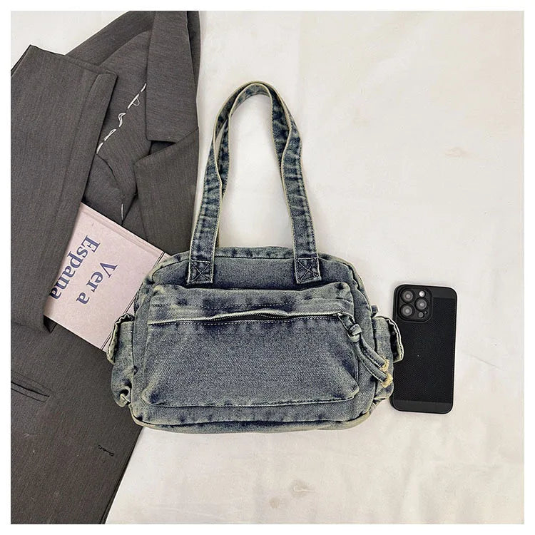 Trendy Vintage Denim Top Handle Bag Women Fashion Spring Shoulder Bag Casual Comfortable and Versatile Texture Storage Bag