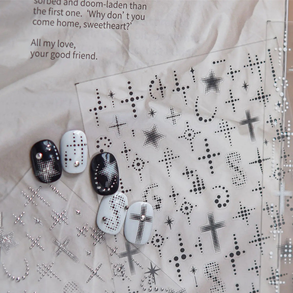 1Pcs Fashion Black White Silver Polka Dot Matrix Diffusion Pentagram Star Starburst Cross-shaped Adhesive DIY Nail Art Stickers