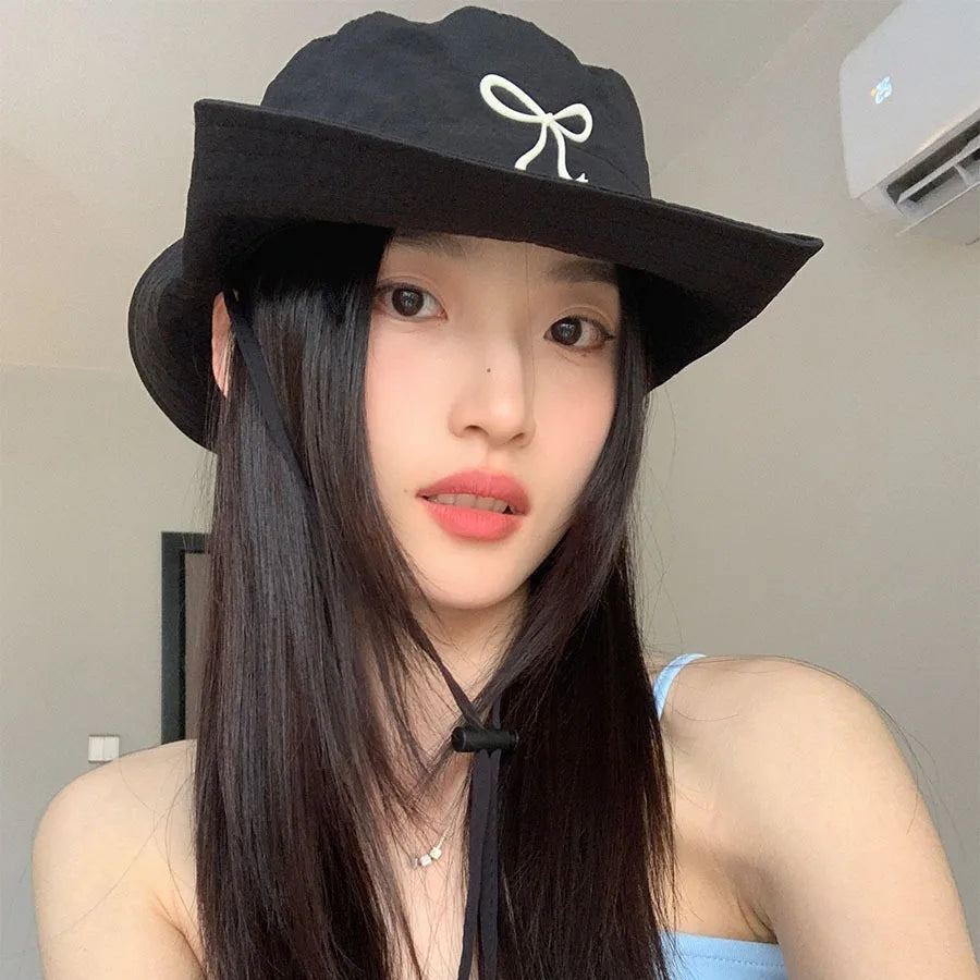 Korean Pink Bow Quick Dry Fisherman Hat Windproof Rope Women Outdoor Camping Mountaineering Hats Girl Summer Sunscreen Bowl Cap