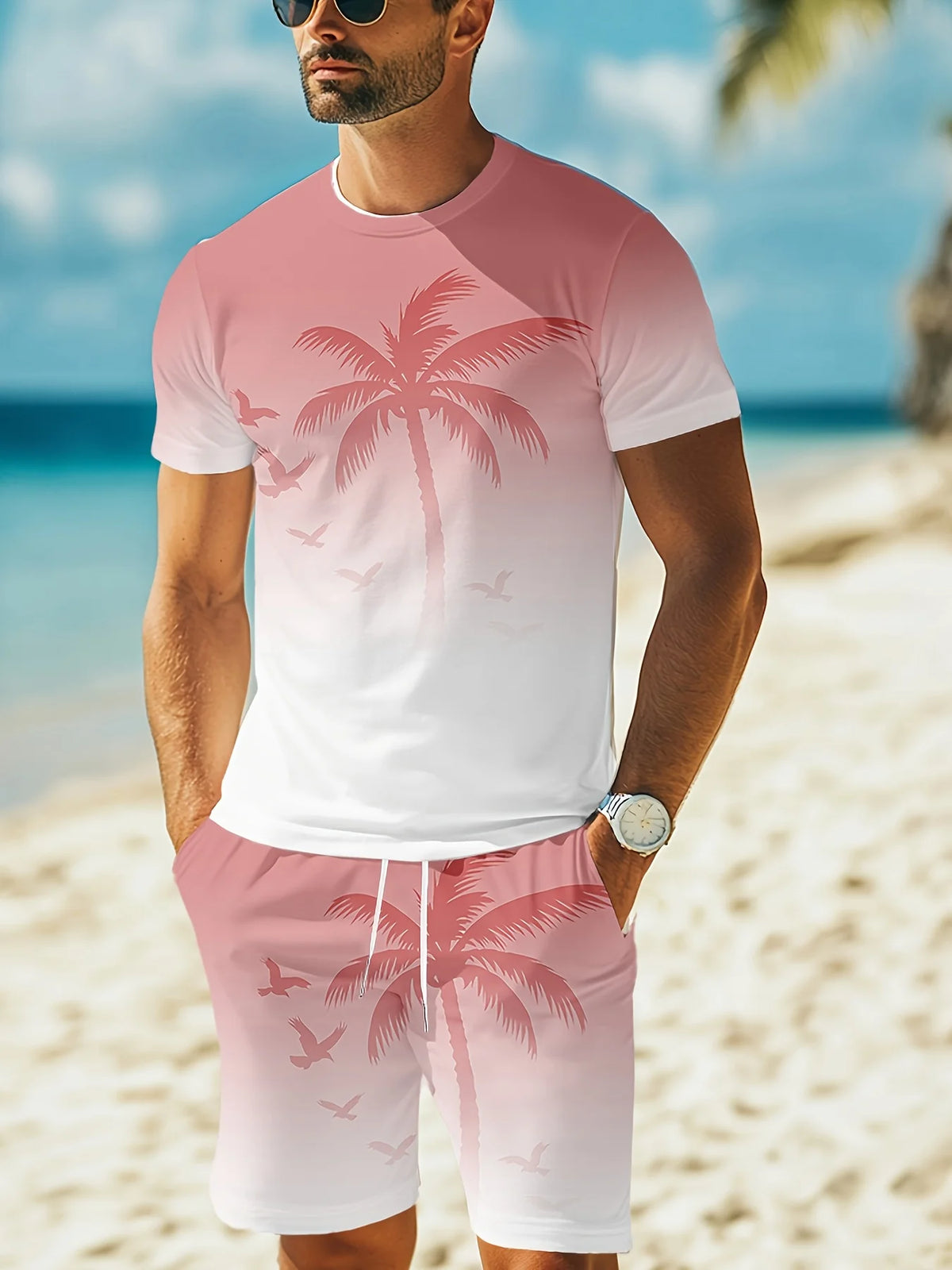 Men's Summer Fashion Casual Loose-Fit Set Plus Size Coconut Grove Print Crew Neck Short Sleeve Drawstring Shorts Two-Piece Set