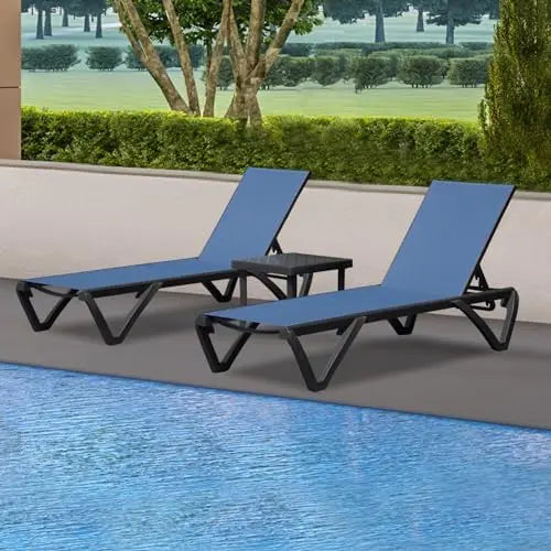 ！@！@3pcs Adjustable Aluminum Outdoor Sun Loungers Blue Textilene Side Table All Weather Leisure Deck Lawn Poolside Backyard Lake