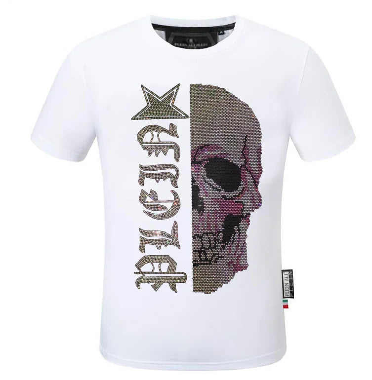 2025 Summer New Luxury Men's Fashion Skull Design Rhinestones T-Shirt Pure Cotton Crew-Neck Casual High Quality