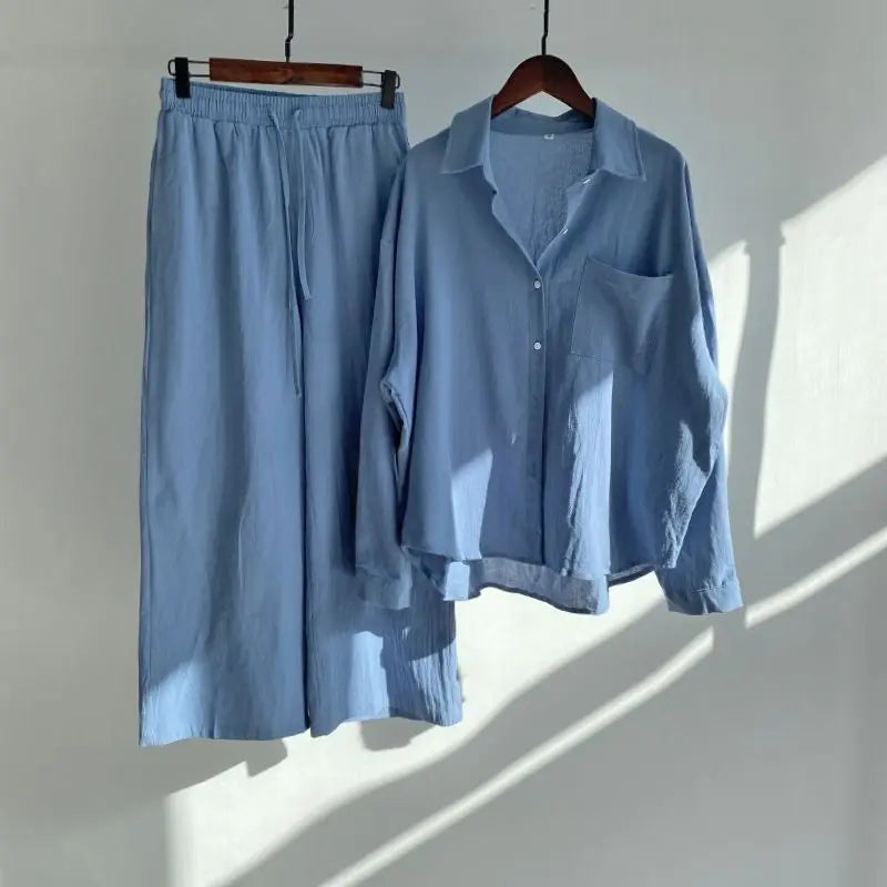 Women's 2-piece set 2026 Spring Autumn New Long sleeved Cotton linen Shirt top+High waisted loose Pants Comfortable Casual Sets