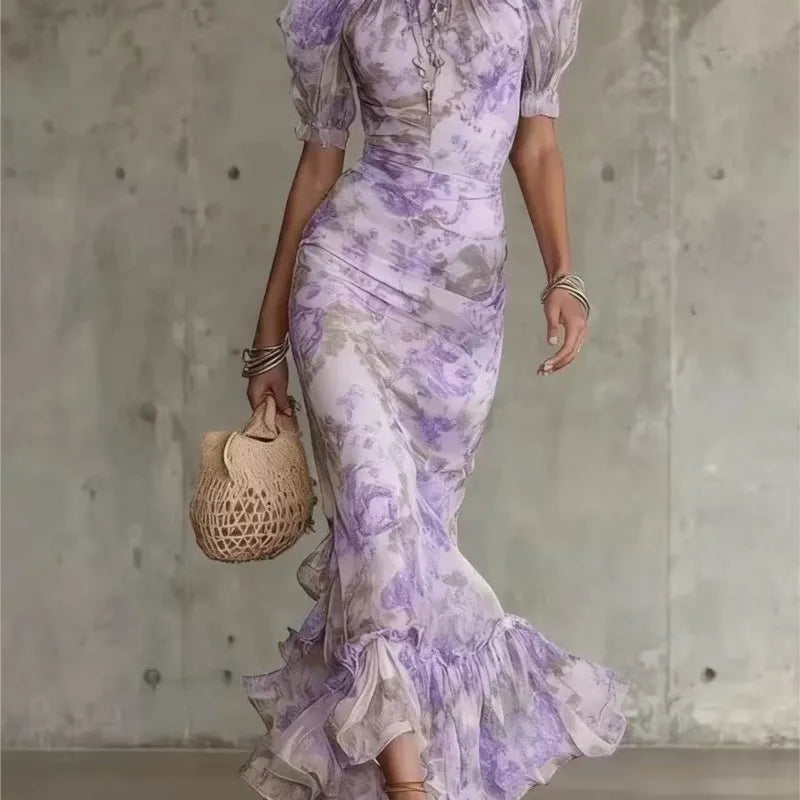 new Flower Print Women's Sleeveless Halter Maxi Dress Summer Fashion High Neck Ruched Waist Elegant Chic Holiday Party Dress