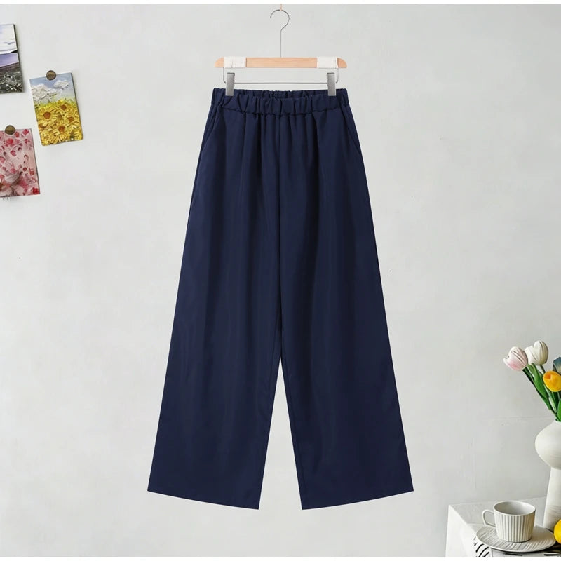 Loose Striped Contrast Wide Leg Pants Set Women Oversized Lapel Single Breasted Shirt Trousers 2026 Summer Lady Casual Outfits