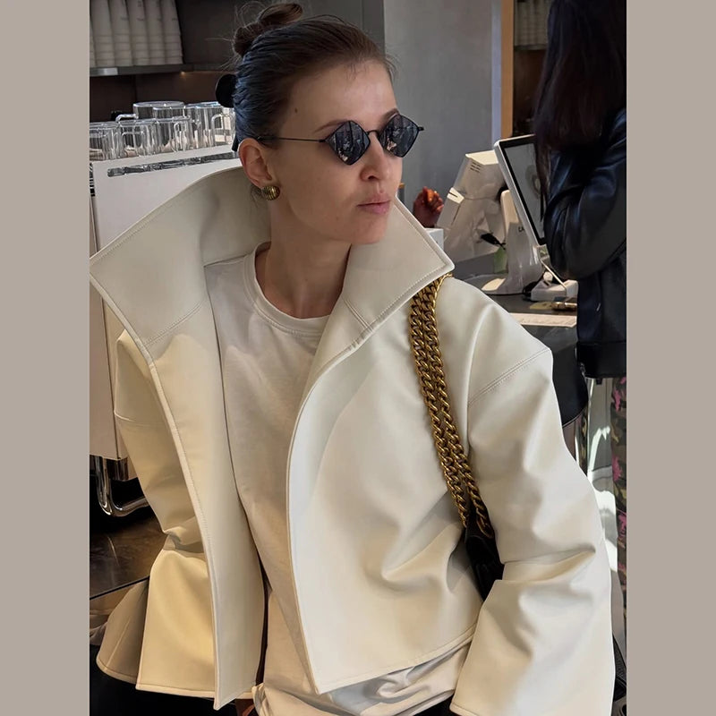 Women Retro Cropped Pu Leather Jacket High Stand Collar Open Front Loose Oversized Long Sleeve Outerwear Street Short Outerwear