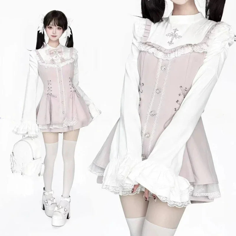 Gothic Lolita Two Piece Set with Bow, Y2K Aesthetic Flare Sleeve Mini Dress, Japanese Punk Style Party Co-ord Outfit