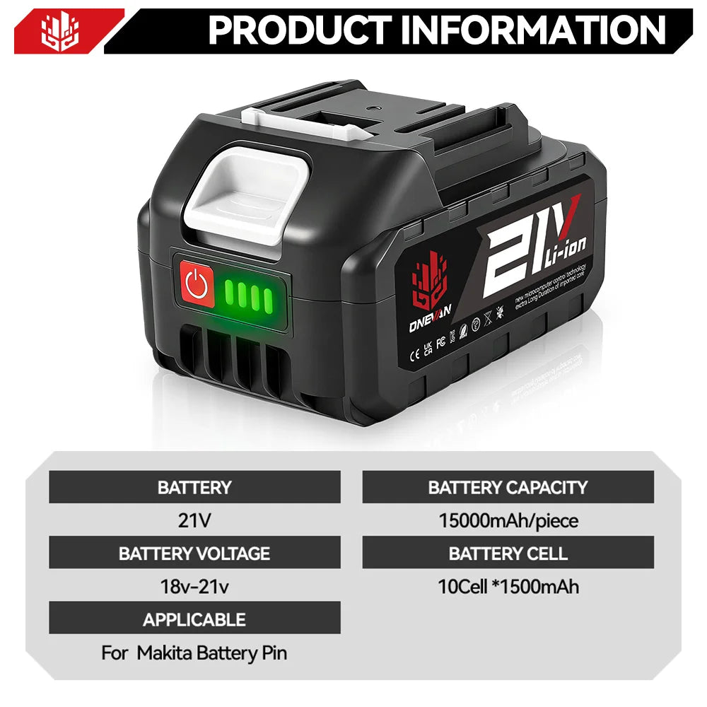 ONEVAN 15000mAh 22500mAh Lithium Ion Battery Rechargeable Battery With Charger Electric Wrench Power Tool For Makita 21V Battery Pin Tool