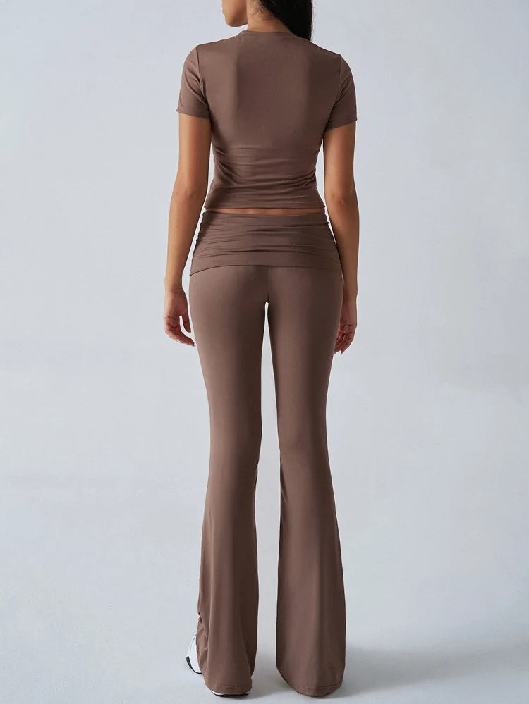 Women's Sexy Tops Suits 2026 Summer Latest Casual Solid Color Yoga Suit Slim Fit Sports Short Sleeved Pants Two-Piece Set Outfit