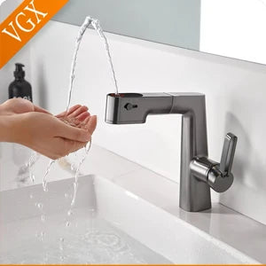 VGX Multifunctional Bathroom Faucets Pull Out Basin Mixer Sink Faucet Gourmet LED Temperature Tap 360° Tapware Crane Brass White