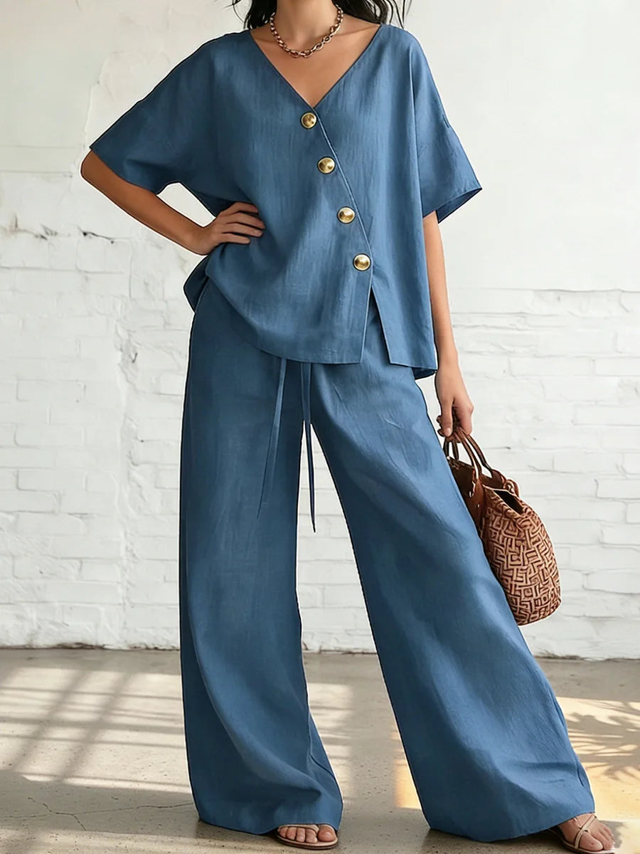 Casual Cotton Loose Pants Sets Women Summer 2026 Fashion Short Sleeve V-neck Tops And Wide Leg Pant 2 Piece Set Woman Outfits