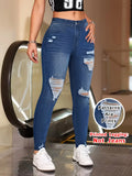 Fashion Printed Faux Denim Skinny Pants, High Waist Elastic Hip Lifting Tummy Control Outerwear Long Leggings