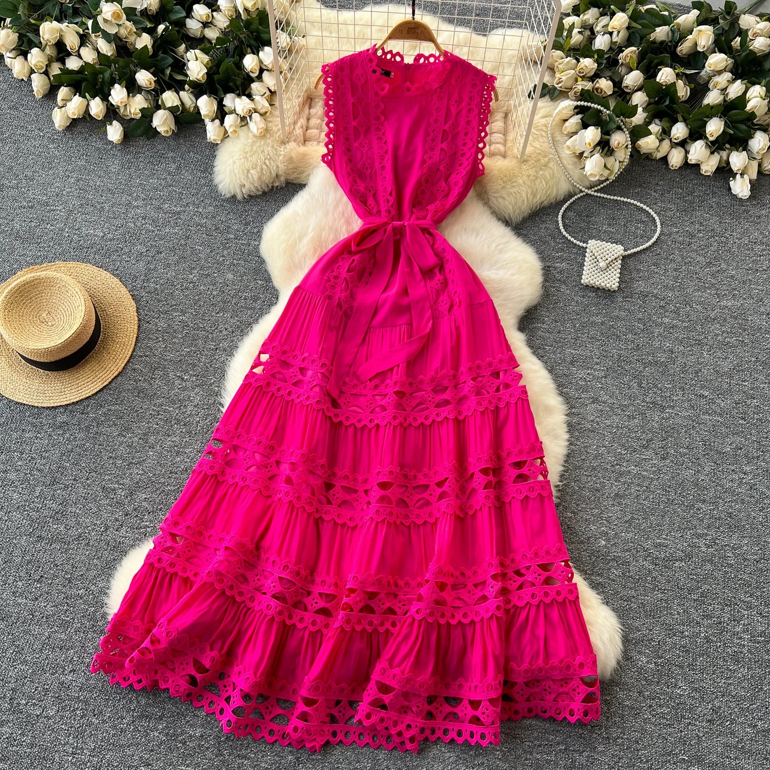 Sexy Hollow Out Embroidery O Neck Sleeveless Bandage Long Dresses Chic Evening Party Summer Vestidos Women Hip Wrap Clothing