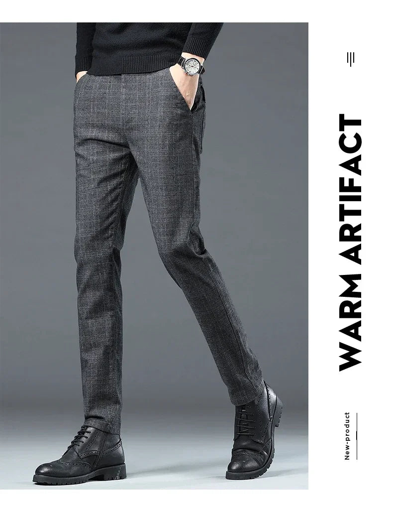 Business Men Pants Spring Autumn Korea Cotton Comfortable Elastic Plaid Casual Fashion Trousers Male Clothing Suit Pant