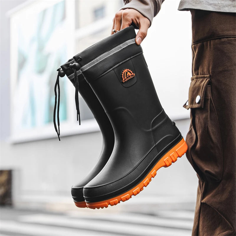 Men's Winter Fleece Lined Mid-Calf Rain Boots Anti-Slip Waterproof Work Rubber Boots Car Wash Fishing Outdoor Wear Water Shoes