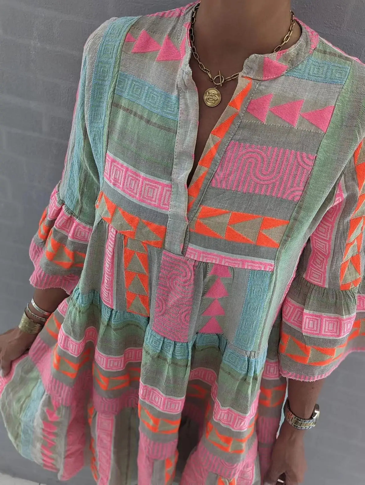 Colorful Boho Tiered Mini Dress with Bell Sleeves, V-Neck Geometric Embroidered Dress, Summer Beach Casual Dress