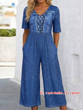 Women's summer new imitation denim printed casual commuting versatile jumpsuit，Casual Short Sleeve Wide Leg Cropped Romper