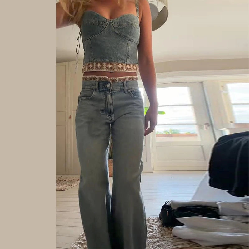 Crochet Splicing Cropped Top Jeans Set 2026 Summer New Ladies Sexy Backless Tank Top Straight Leg Denim Pants Women's Outfits