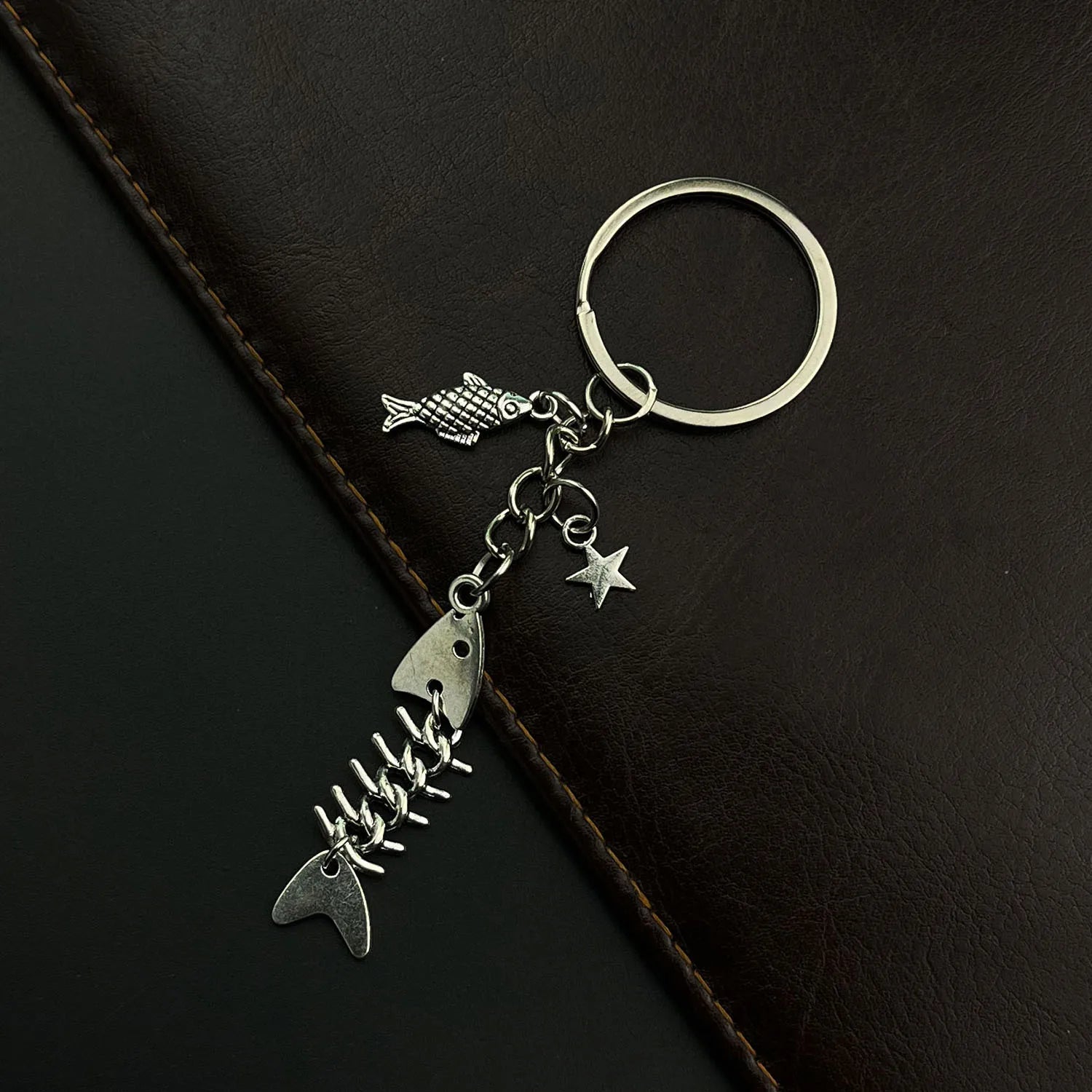 Key Chain Fish Cute Bag Charm Keyring for Car Fishbone Star Punk  DIY Handmade Jewelry Gifts