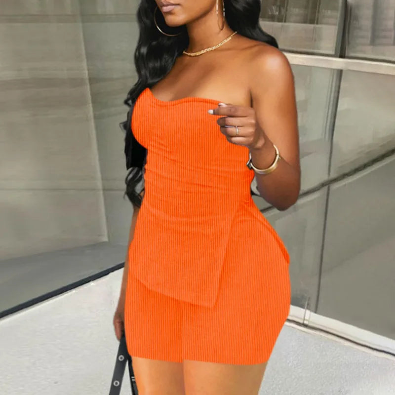 Sexy Solid Slim Suit For Women Fashion Strapless Side Split Top Elastic Waist Package Hip Shorts Two Piece Set 2026 Summer New