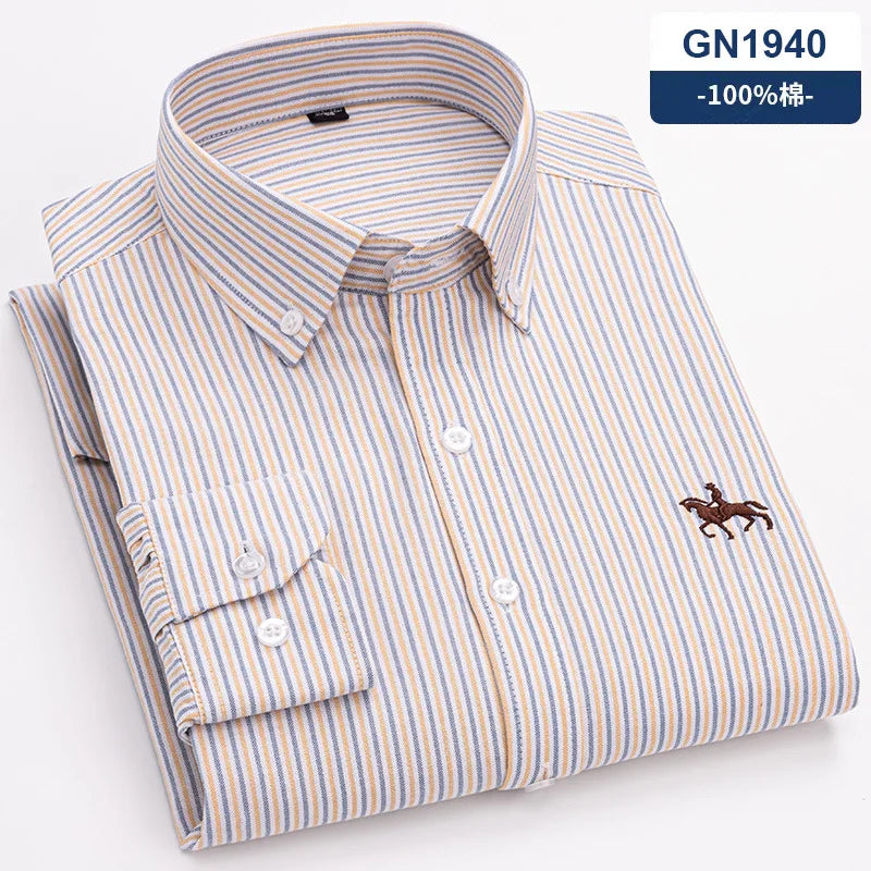 100% Pure Cotton Men's Long Sleeve Shirt Business Casual Solid Color Embroidered Oxford Spun Shirt