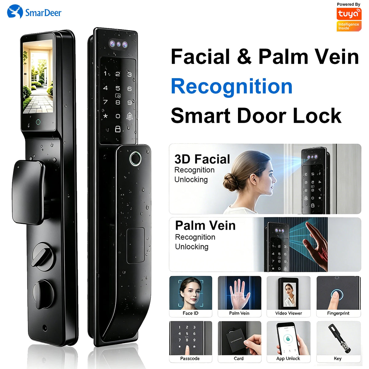 3D Face & Palm Vein Smart Door Lock, IP66 Waterproof Dual Biometric Lock, Fits Euro 6068/6085/5572 & Israel 6590 Lock Bodies