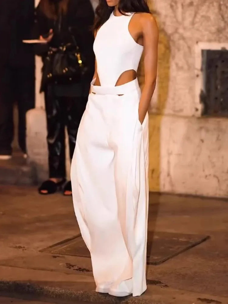 Fashion White Jumpsuit For Women Sexy Sleeveless O Neck Hollow Out High Waist Wide Leg Long Pants Jumpsuits Lady Summer New 2025