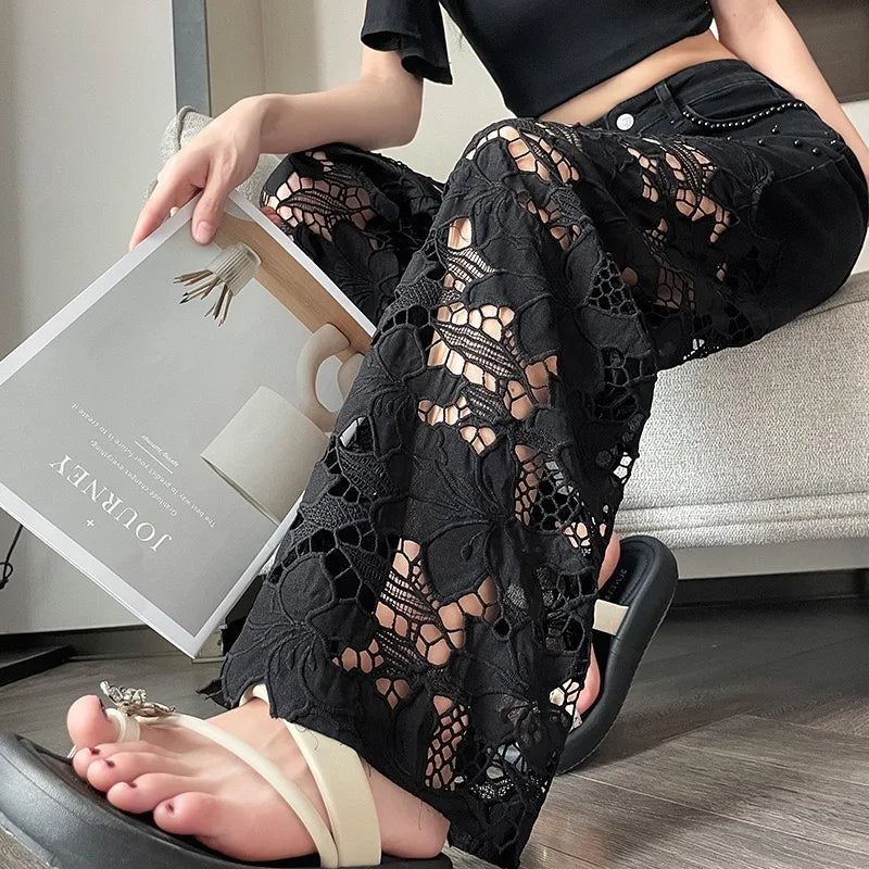 2025 Women's Denim Baggy Jeans flared Black Pants Diamonds Patchwork Lace Hollow Out Embroidery Straight  New Summer Fashion