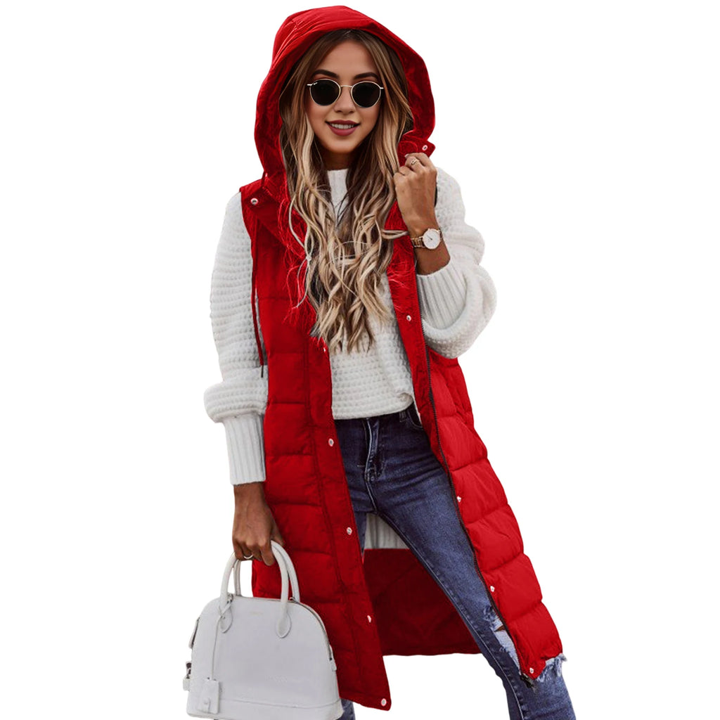 Women's Long Coat Vest With Hood Autumn Winter Sleeveless Warm Cotton Down Coat Waistcoat Quilted Vest Down Jacket Outwear 2XL