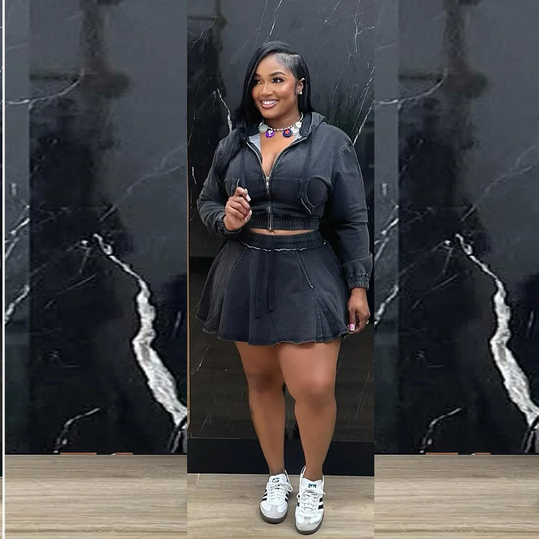 Casual Washed Denim Two-piece Set, Women's New Spring and Autumn Fashion Zipper Denim Short Top + High-waisted Half Body Skirt