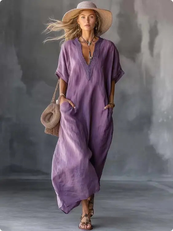 2026 New Summer Women's Dress Solid Color V-neck Bohemian Style Retro Fashionable And Comfortable Elegant Pocket Simple Vestidos