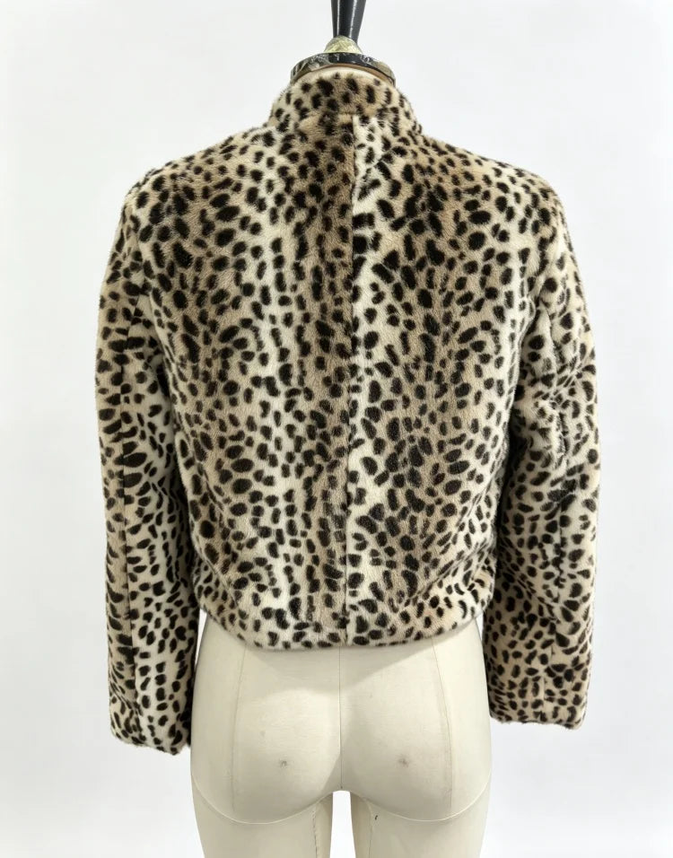 Women Leopard Print Faux Fur Jacket Mandarin Collar Chinese Frog Closure Cropped Vintage Y2K Slim Fit Coat Ladies Outerwear