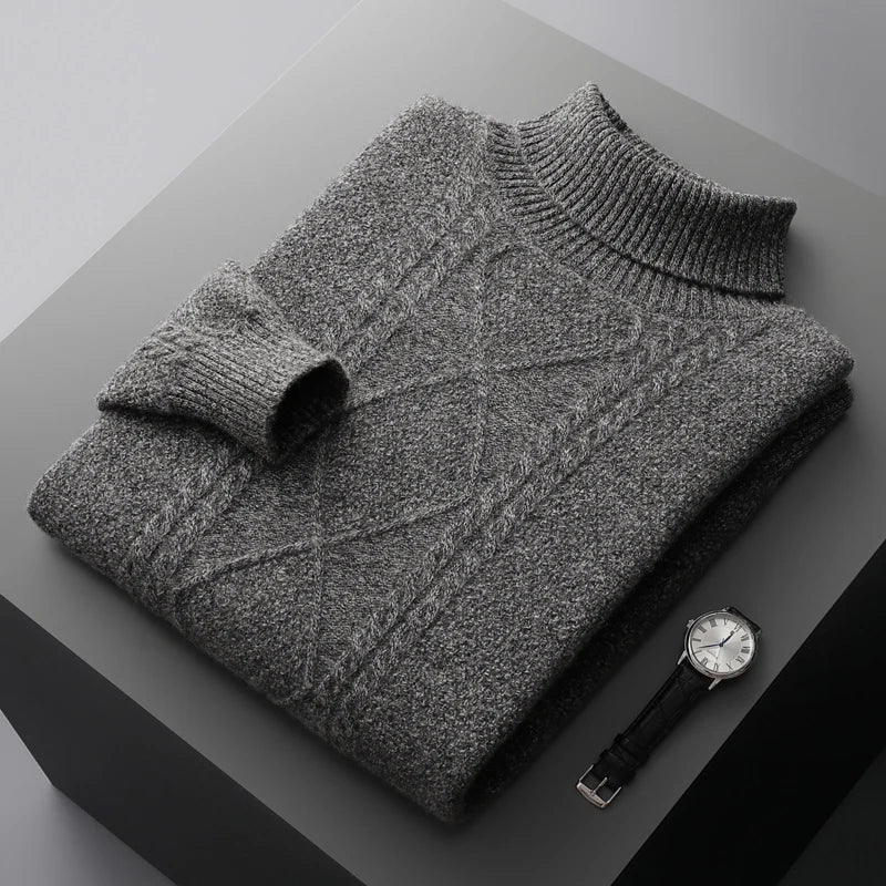 2025 Winter Turtleneck 100% Merino Wool Knitted Sweater Men's Lapel Jacquard Thicken Pullovers Fashion Loose High-End Base Shirt