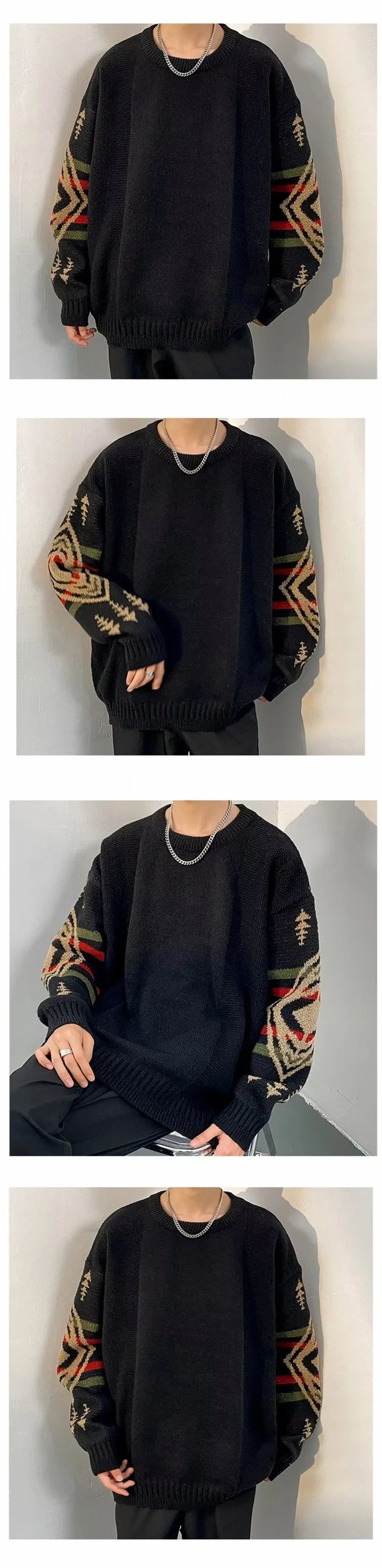 Autumn Men's Ethnic Style O-Neck Knitted Sweaters Y2K Vintage Streetwear Knitwear 2025 New Casual Pattern Printed pull homme