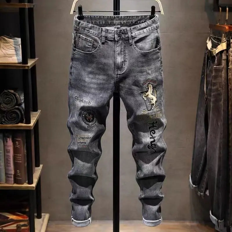 New Autumn Winter Stylish Straight Cargo Vintage Designer Clothes Denim Long Korean Fashion Men Motorcycle Work Stretch Trousers