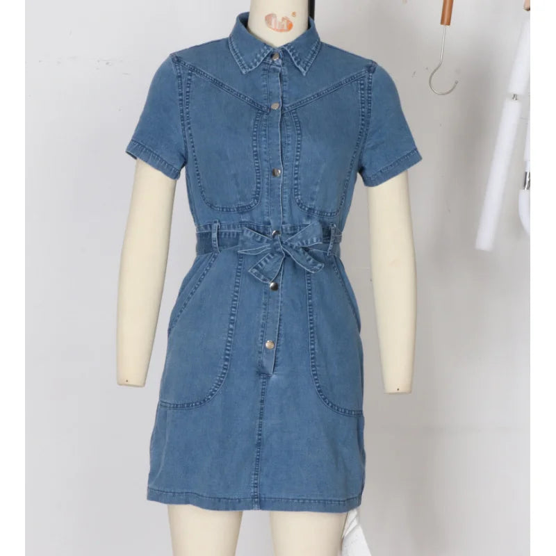 Spring Summer Women Denim Dress Short Sleeve Shirt Style Collared Waist Cute Mini Bodycon Casual Outfit