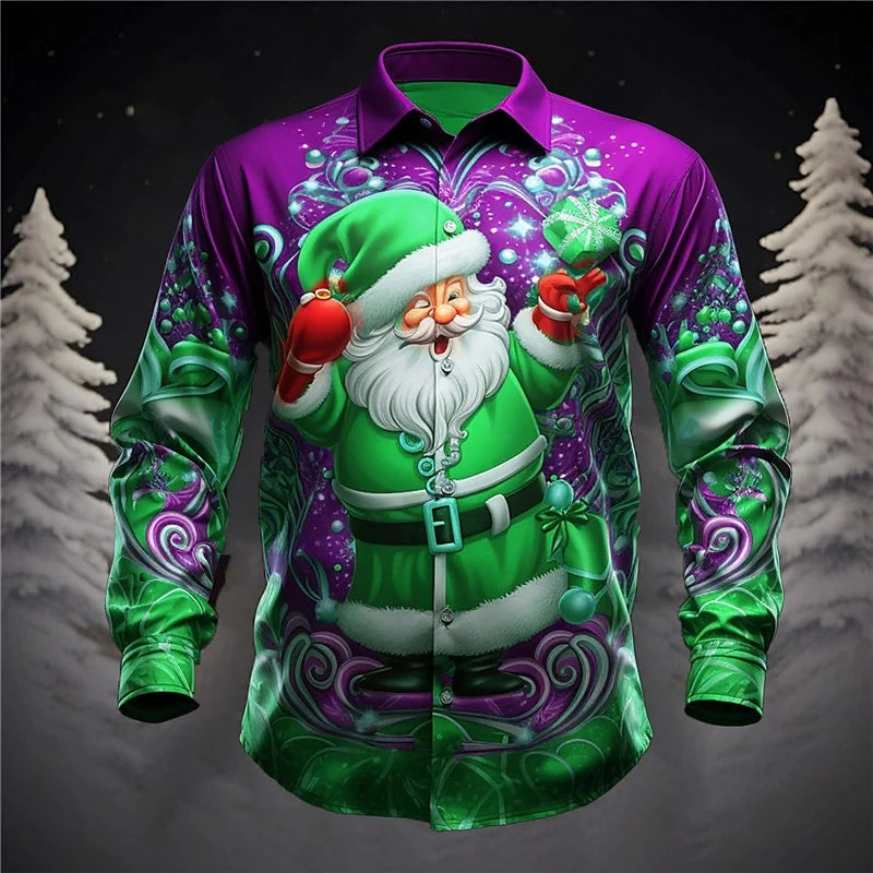 Christmas Fireworks: Santa Print Men's Long Sleeve Shirt, Men's Fashionable Party Christmas Shirt, Four Seasons Casual Men's Shi
