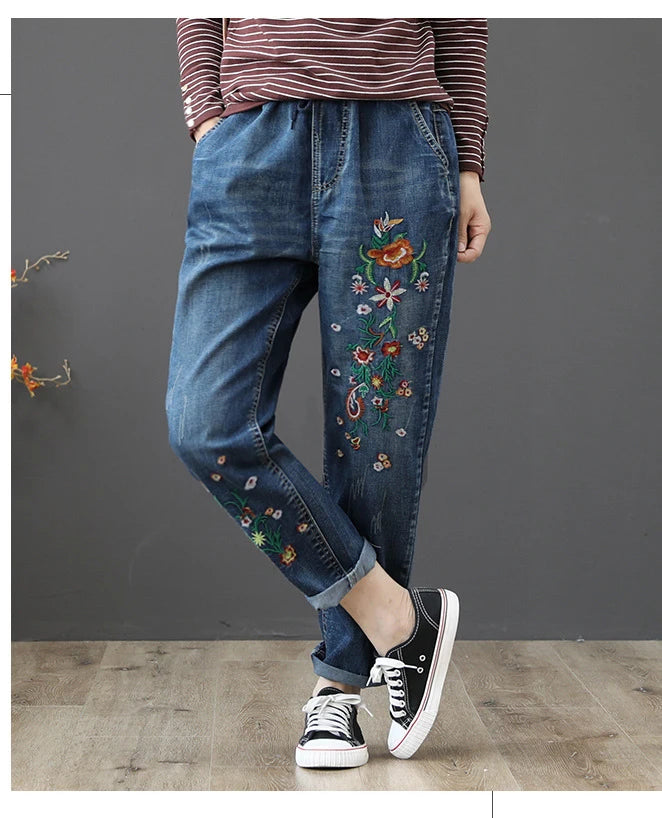 Women's Denim Pants Vintage Flower Embroidery Chinese Hand Work High Quality Casual Loose Jeans China Clothing Factory Wholesale
