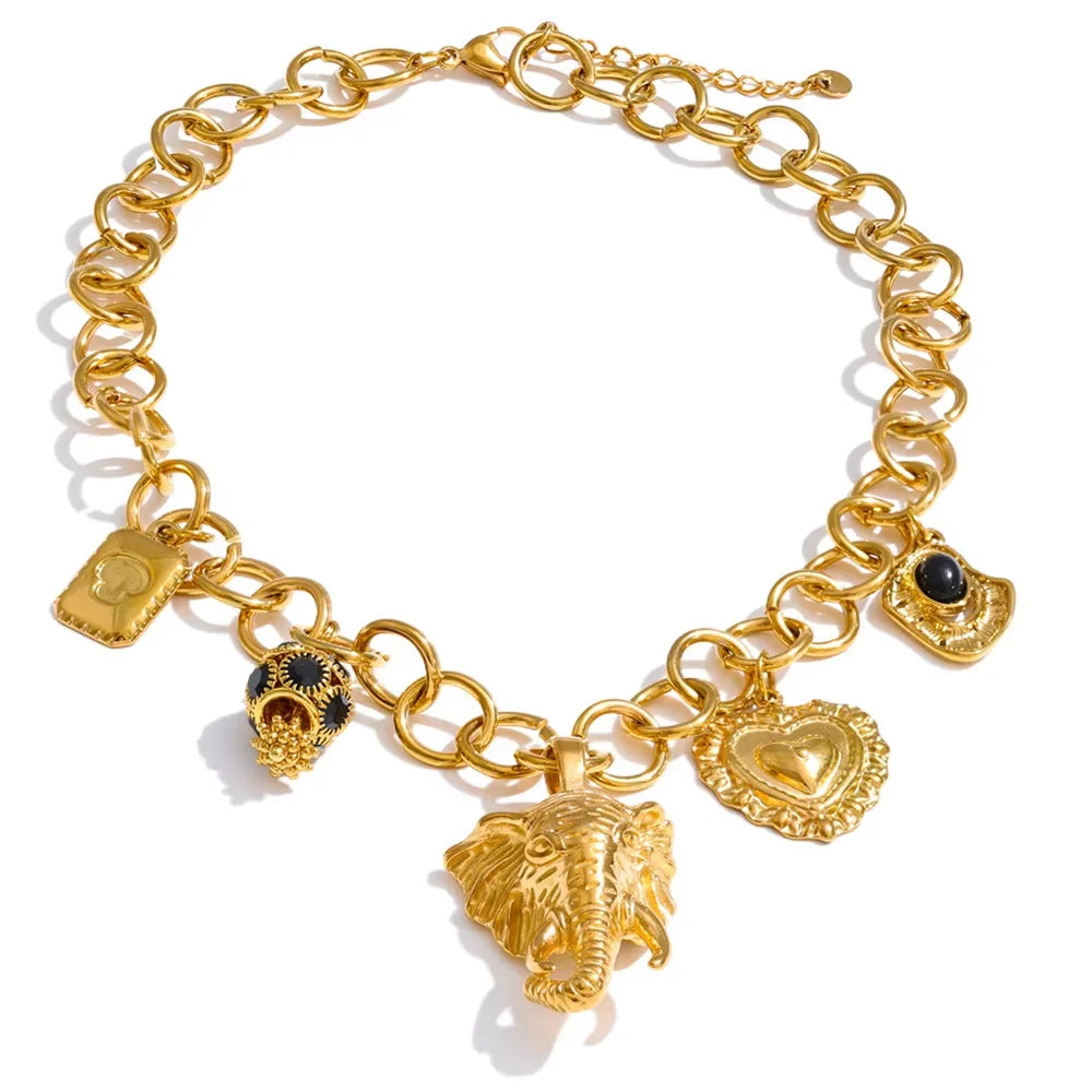 Yhpup 2025 Black Lace Chain Heart Elephant Pendant Statement Necklace 18K Golden Plated Stainless Steel Charms Handmade Jewelry
