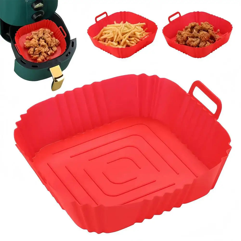 Square Silicone Air Fryer Liner Reusable Non-Stick Basket with Handles, Heat-Resistant Baking Tray for Air Fryer/Oven/Microwave