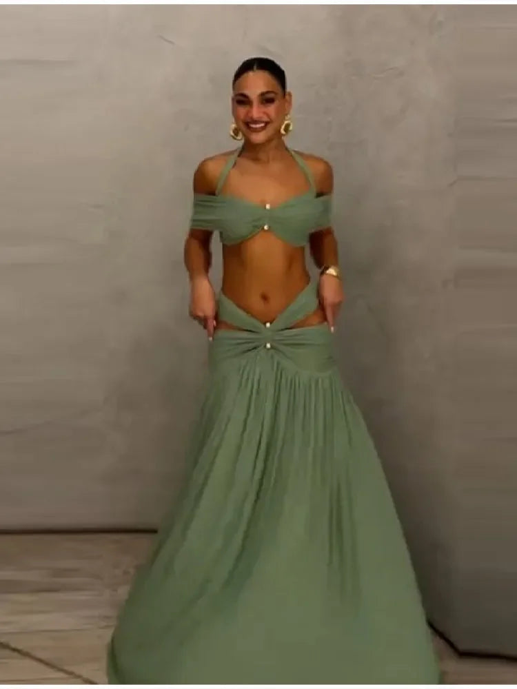 Elegant Sequin Floral Two Piece Set For Woman One Shoulder Crop Top + High Waist Cutout Mini Skirt Vacation Party Co-ord Set