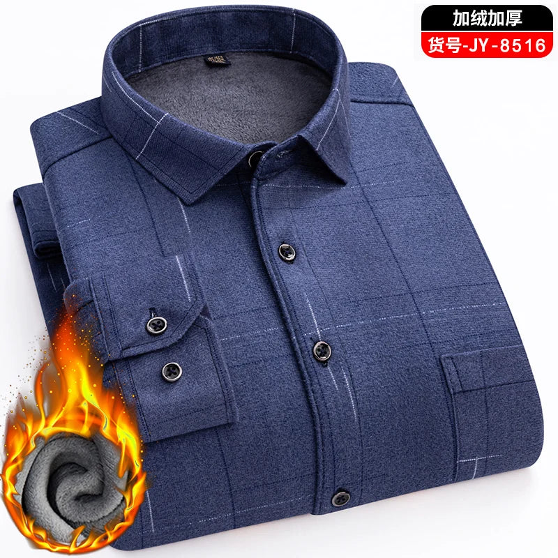 Men's long-sleeved shirts with added fleece and thickening are warm, casual in winter, skin-friendly, soft and cold-resistant