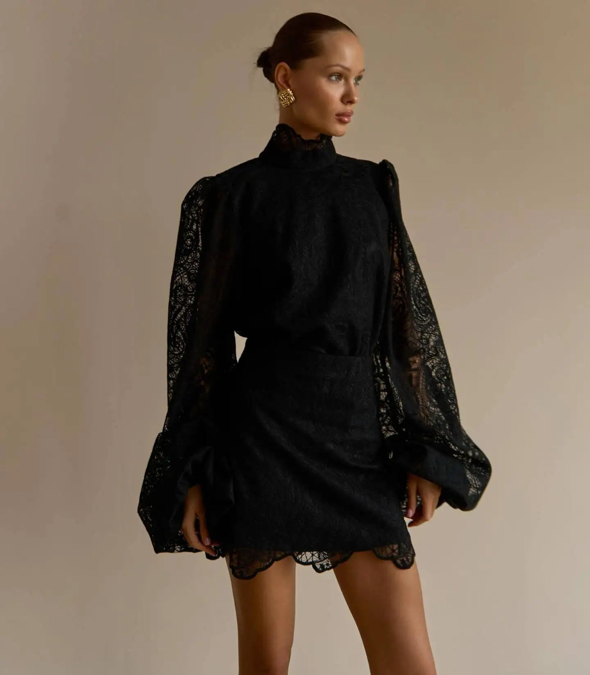 Fashion Lantern-Style High-Neck Lace Two-Piece Set - New Design Women's Co-ord Outfit Top And Bottom Ensemble